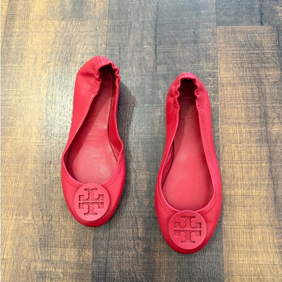 Tory Burch Minnie Travel Ballet Flats Red Leather Size 6.5 - Picture 1 of 7